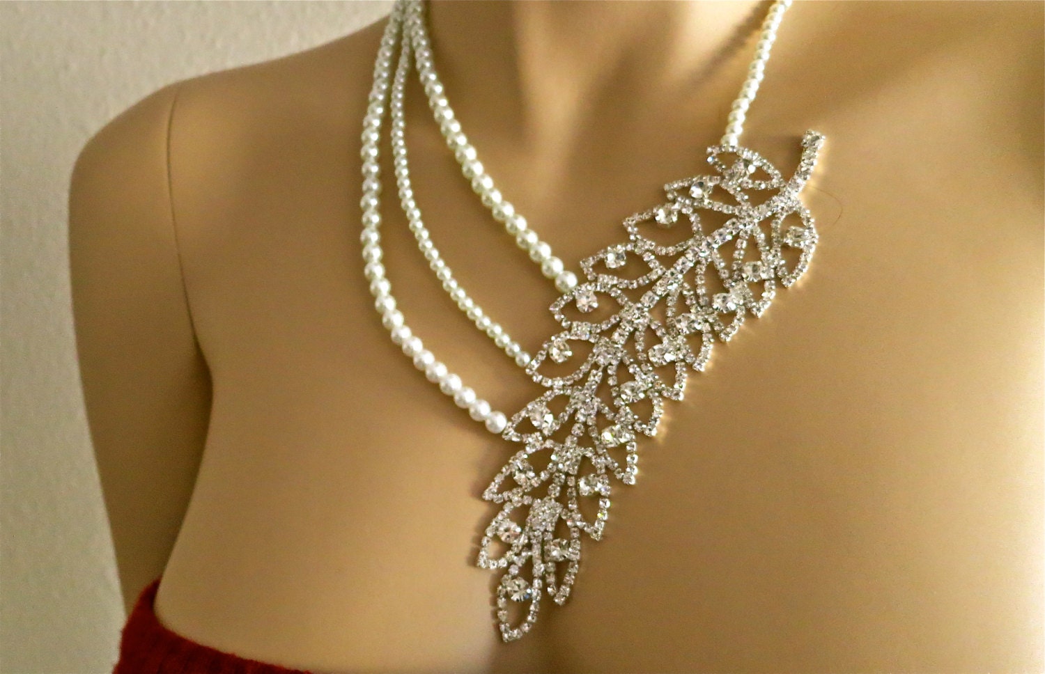 Statement Pearl Bridal Necklace with Silver Bib Rhinestone NEW SEASON Collection Victorian Style Vintage Wedding Jewelry