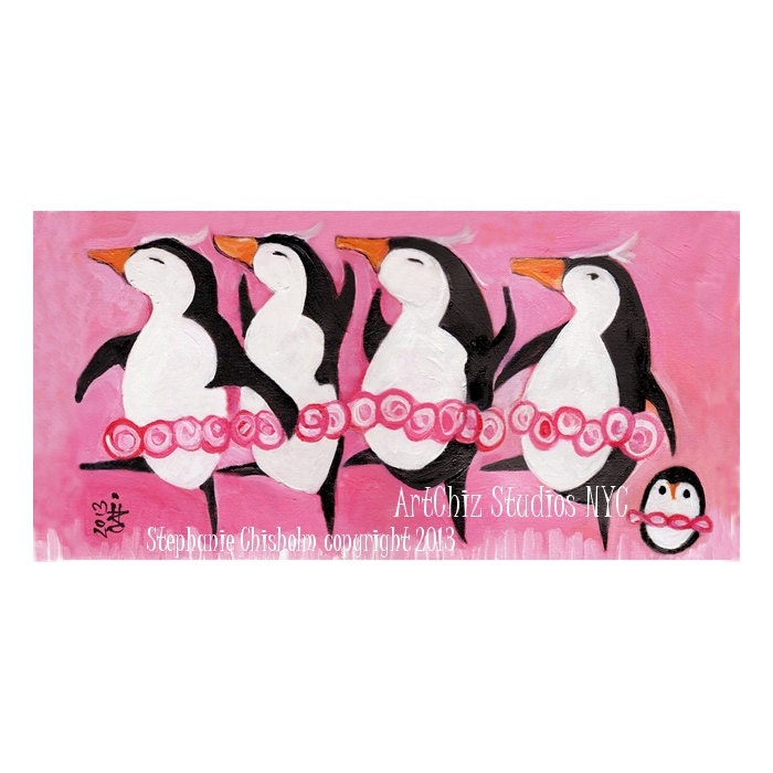 Penguin Princess Art - 5 X 7 Matted Print - Penguin Ballerina - Dance Recital Gift - Pink Tutus - Penguin Art