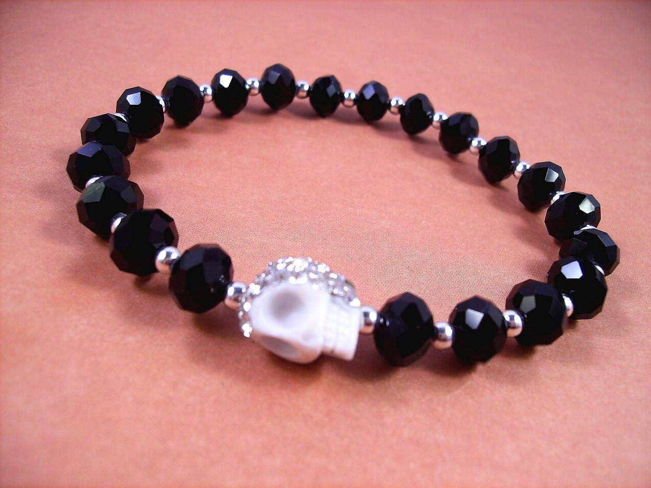 Rhinestone Pave Skull Bracelet, Black Crystal Stretch Bracelet, Stackable Beaded Bracelet, FREE Shipping U.S.