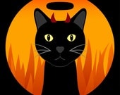 Luggage Tag - Devilish Black Cat - 4 Inch Round Large Plastic Bag Tag