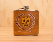 Leather and Stainless Steel Flask - 6oz -  Prep pattern with skull and crest
