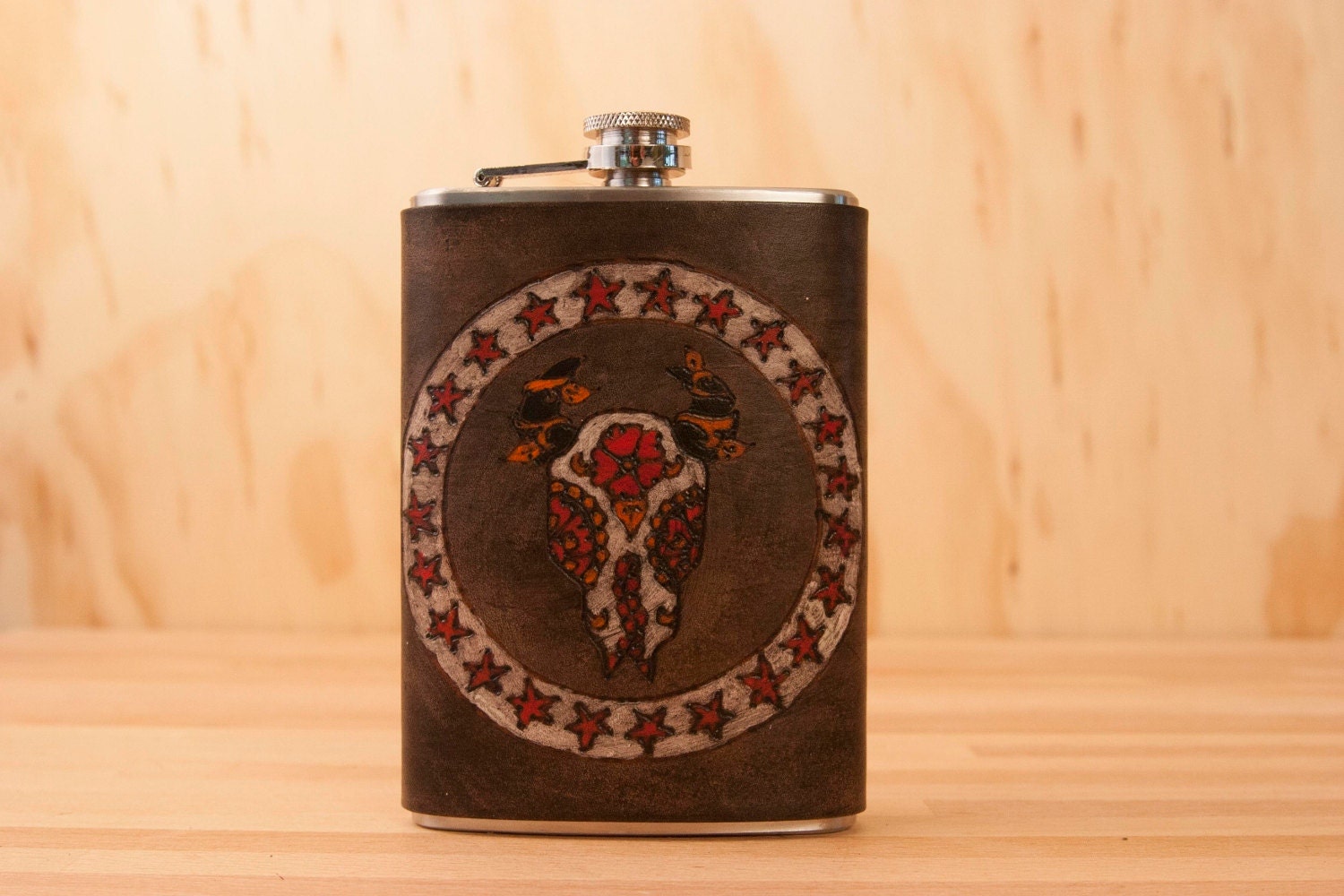 8oz Flask - Leather and Stainless Steel -  Star Nellie with Skull