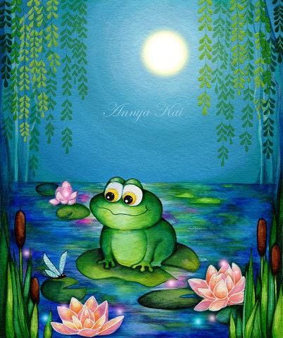 Frog Firefly Lily Pond - Whimsical Nursery Decor Green Blue Wall Art  - Water Lilies Print