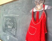 Vintage Red Tie Apron with Lace and Gold Thread Trim