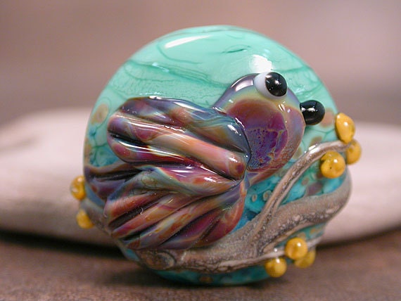 Lampwork Glass Bird Focal Bead Perched Raku on Green Divine Spark Designs SRA LETeam