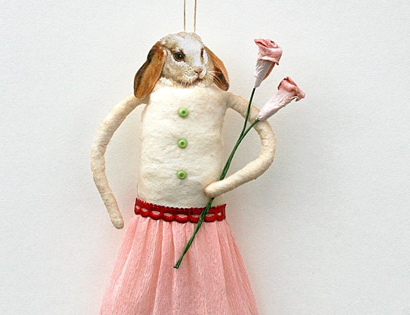 Spun Cotton Rabbit Ornament - Pink Shabby Chic Spring Home Decor - Made to Order
