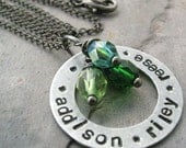 Personalized Mothers Necklace, aluminum washer, 3 birthstone beads, hand stamped up to 30 characters