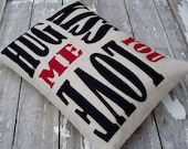 HUG KISS LOVE Cushion/pillow  in natural linen, cotton & appliqued black and deep red wool felt fabric.