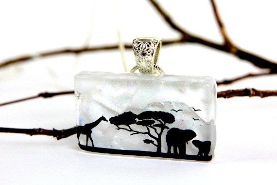 Elephant Necklace - Giraffe Pendant- Dichroic Glass Pendant - Baby Elephant Necklace - Fused Dichroic Glass Jewelry - Mother & Baby