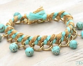Chain and Floss Woven Bracelet with Bead Charms - Tuquoise and Gold, Braided, Beachy Boho, Stackable, Arm Party