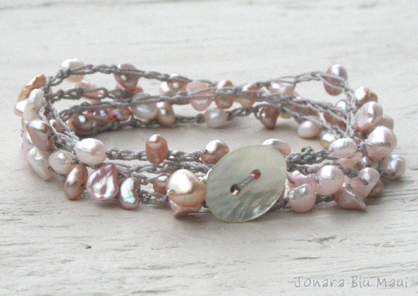 Light Pink Pearl Beachy Crochet Necklace Bracelet Wrap - Ocean Girl Bohemian