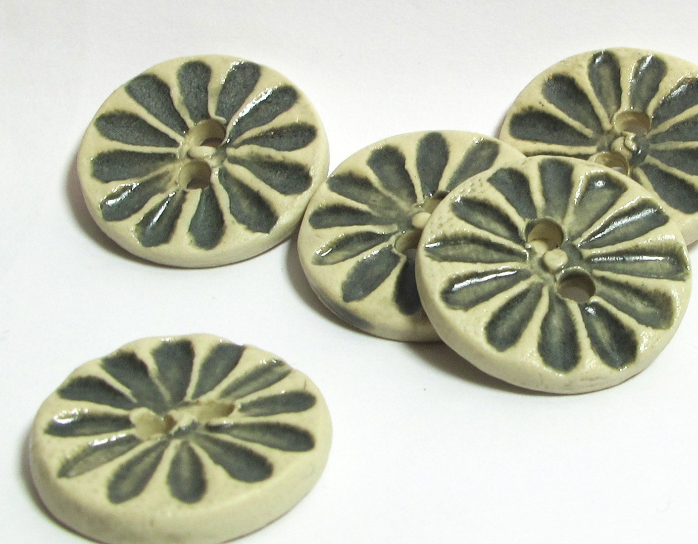 Handmade Ceramic Stoneware Button - Grey Flower