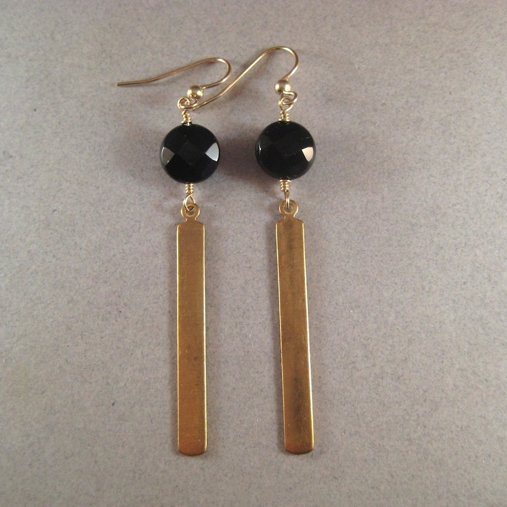 Faceted Onyx Earrings, Gemstone Earrings, Long Brass Earrings, Linear Earrings, Dangle Earrings, Onyx Disc Earrings, Geometric Jewelry