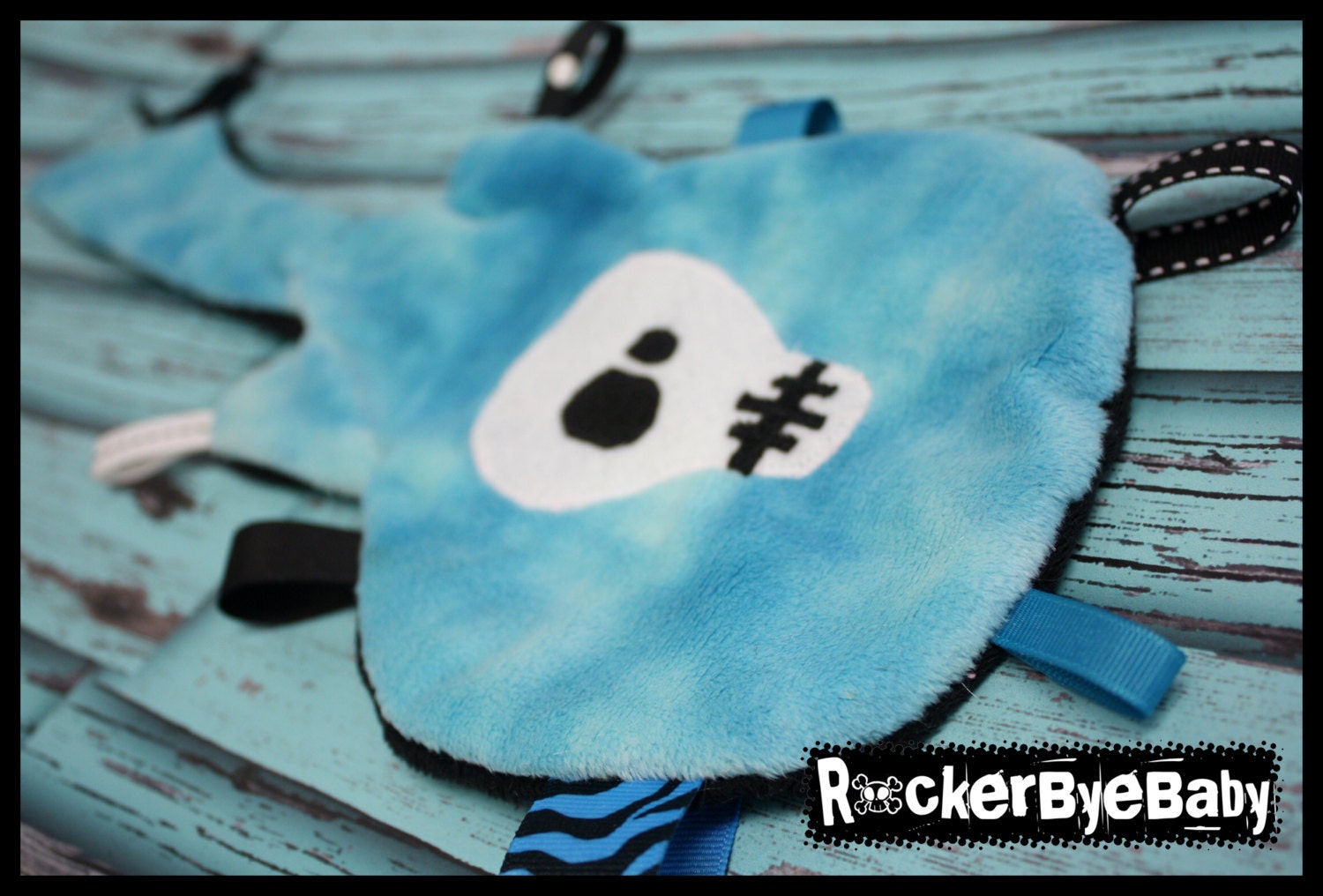 Turquoise Blue and Black GuiTag guitar ribbon lovey blanket Exclusive Little Metal Mis(s)ter team up LIMITED EDITION