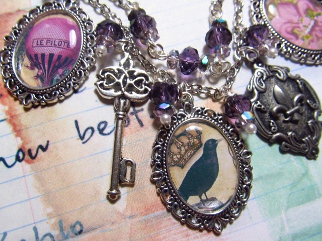 Enchantment  Vintage style  Paris  handmade  Bold   Altered Art Charm Necklace   ooak   ebsq
