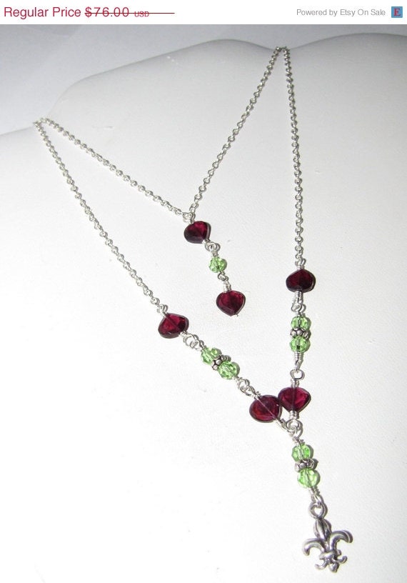 clearance sale -- 50% OFF FLEUR DE Lis  --  sterling silver and garnet double stranded necklace  --  Crystallized with real Swarovski