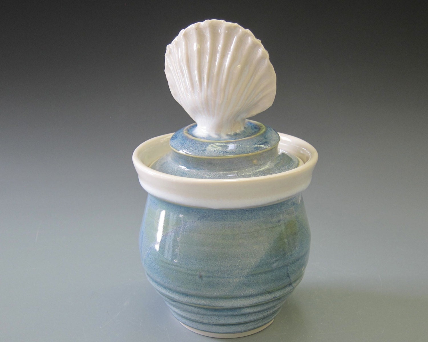 Seashells Covered Sugar Jar or Honey Pot Handmade Pottery