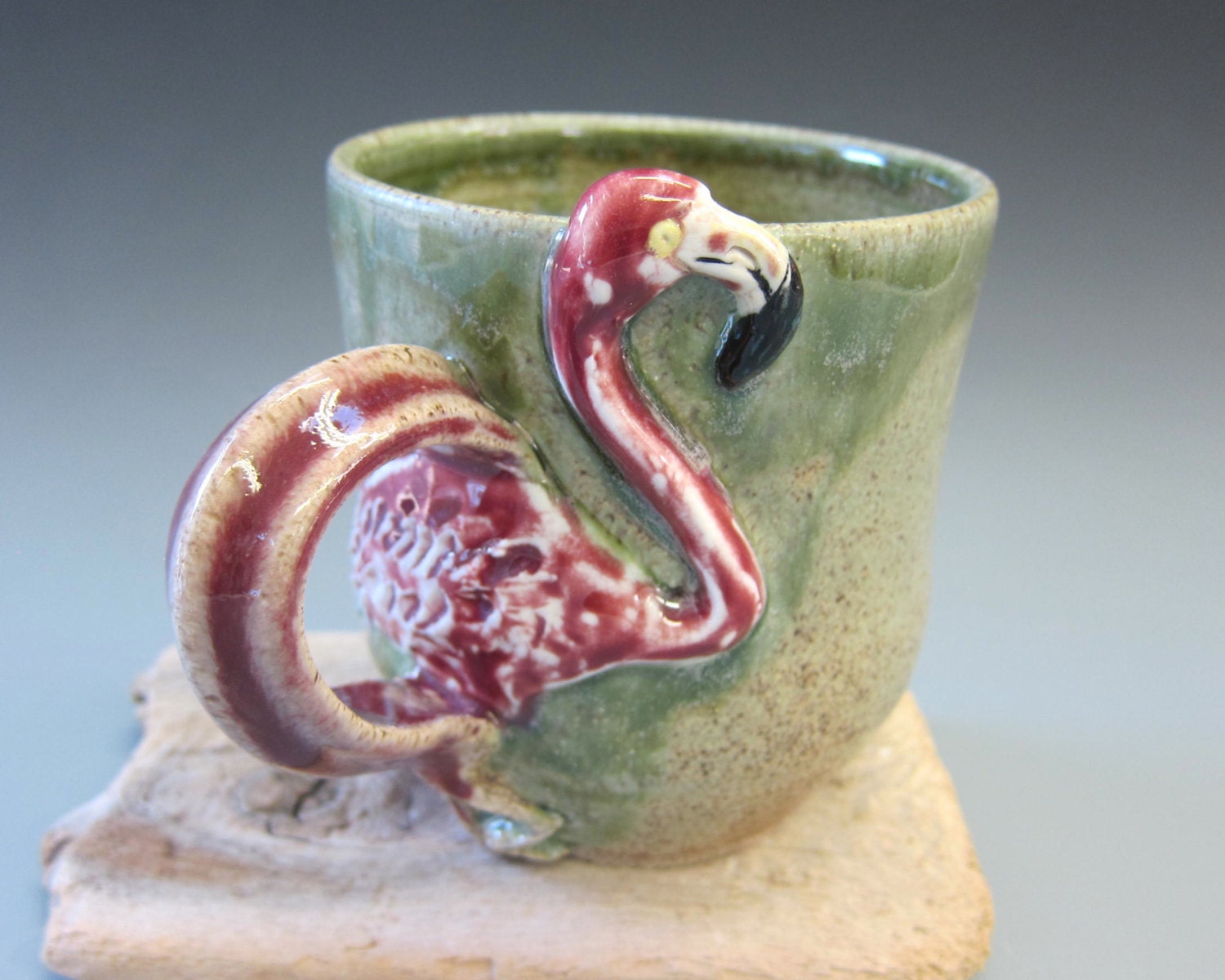 Flamingo Mug Red and Spearmint Green Wheelthrown Porcelain