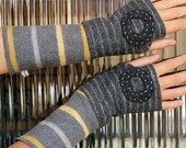 Wool Arm Warmers Felted Sweater Repurposed Fingerless Gloves Mittens- Grey and Yellow with Donuts