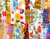 36 patchwork vintage 60s 70s fabric squares for mini quilt from Jane Foster Dekoplus, Scandi fabric, flower power, birds, Habitat etc..