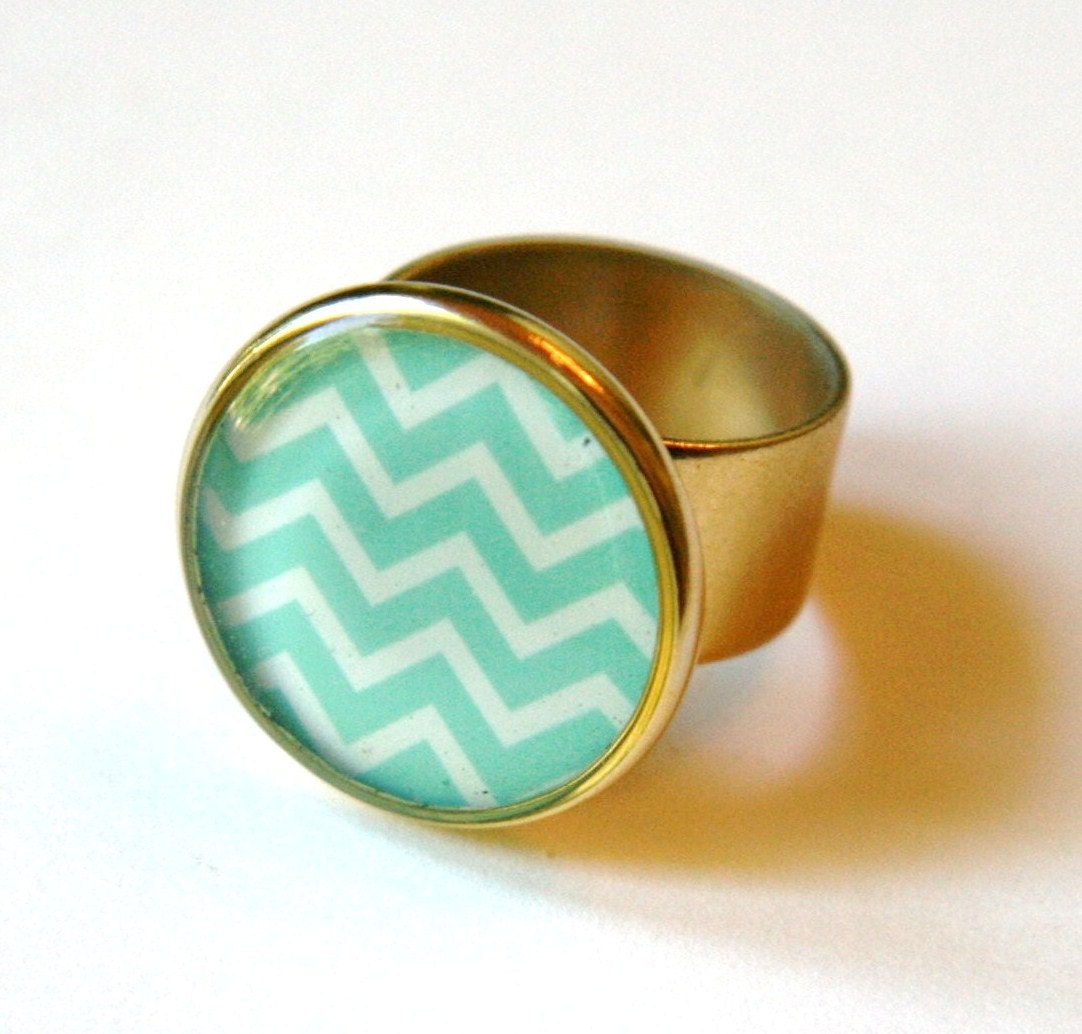 Mint Chevron and Gold Adjustable Cocktail Ring