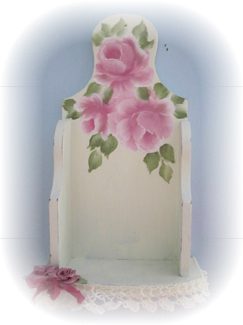 Shabby Sweet SHELF Creamy White Hand painted PINK Roses ECS schteam sct