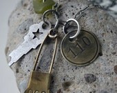 Vintage Tags Charm Necklace Star Key Safety Pin Green Seaglass Beach Glass Numbers - Open The Door