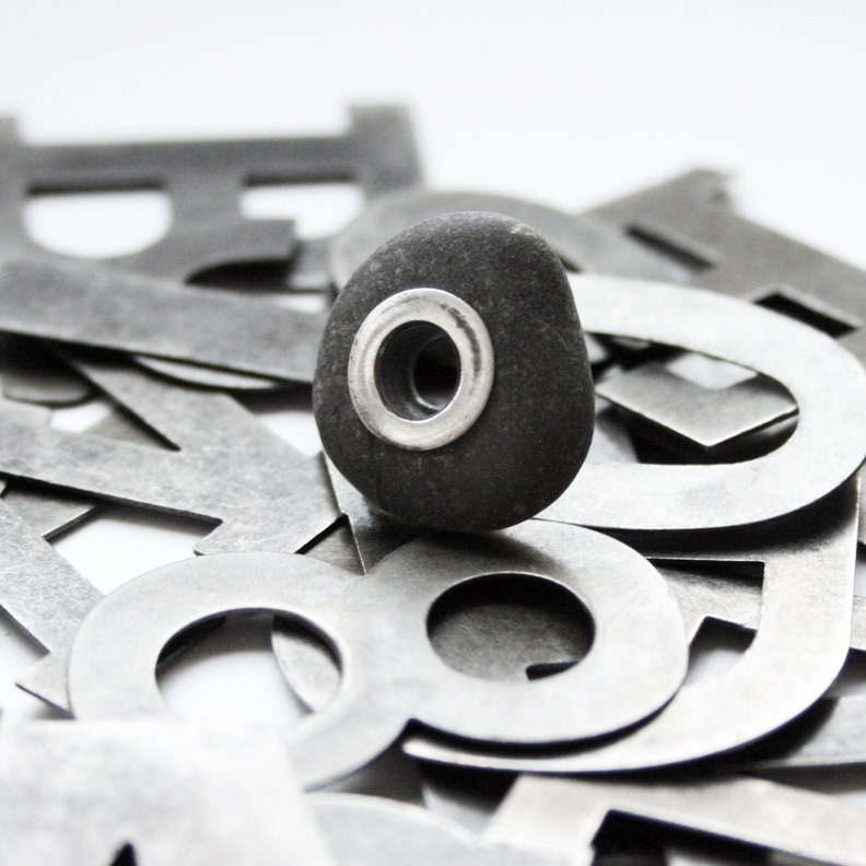 Silver Riveted Beach Stone . Grey Stone With Big Sterling Silver Rivet Tube Grommet 7