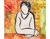 sumi ink painting rice paper,  line drawing, abstract figure, acrylic collage