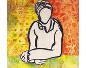 sumi ink painting rice paper,  line drawing, abstract figure, acrylic collage
