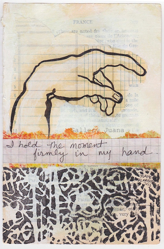 hand drawing and collage, sumi ink, original book art, 4 x 6