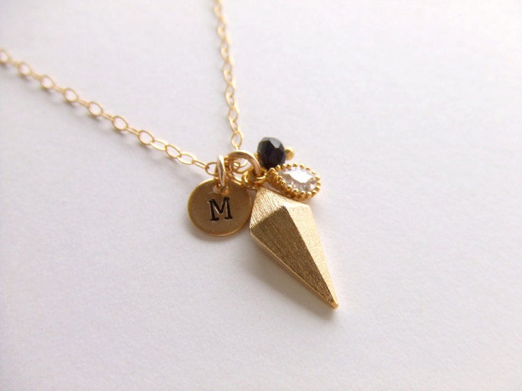 Black Gold Jewelry Necklace, Good Luck Charms, Initial Personalized Necklace, New Year Jewelry, 14K Gold Filled, Spike Charm, Gift for Her