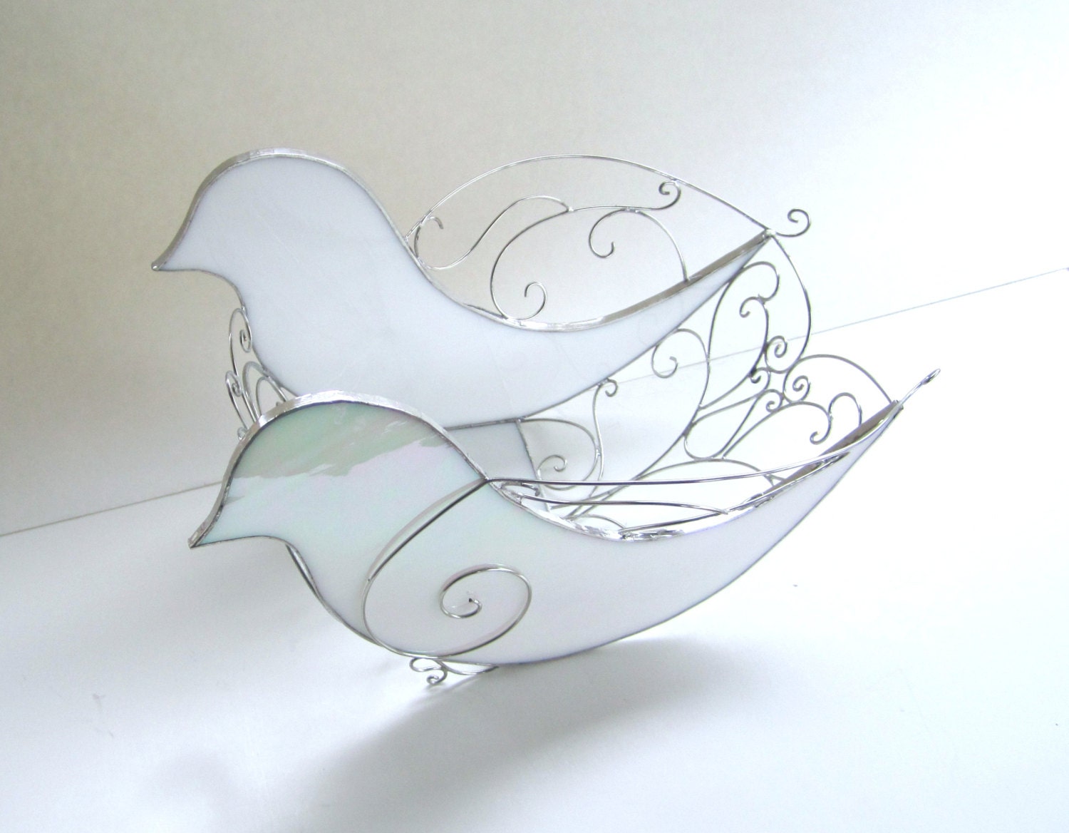 Love Birds - Stained Glass Wedding Card Holder Basket Sculpture Shimmering White Peace Dove