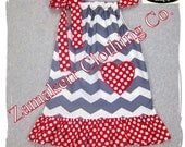 Valentines Pillowcase Dress -  Chevron Grey Polka Red Ruffle Dress - Toddler Baby Girl 3 6 9 12 18 24 month size 2T 2 3T 3 4T 4 5T 5 6 7 8