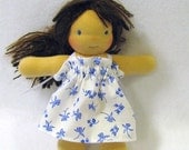 7 - 8 inch Waldorf doll's dress in sweet white with blue flowers print