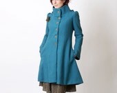 Blue hooded coat, lagoon blue wool with green crosses