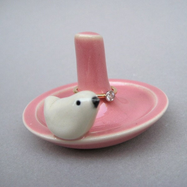 Petite Pink Bird Bath Jewelry Holder - Handmade stoneware pottery