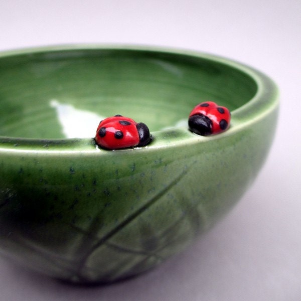 Ladybug Love in the Tall Grass Bowl - Hand thrown and hand sculpted stoneware pottery