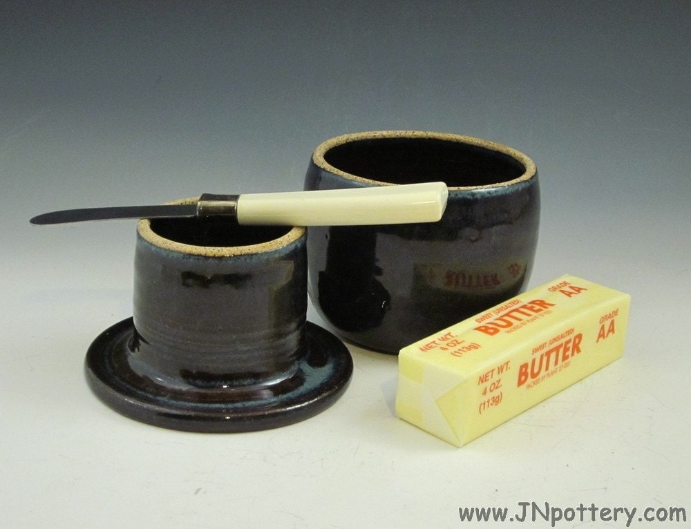 Ceramic Butter Keeper, French Style Butter Crock, Blue Brown  s232