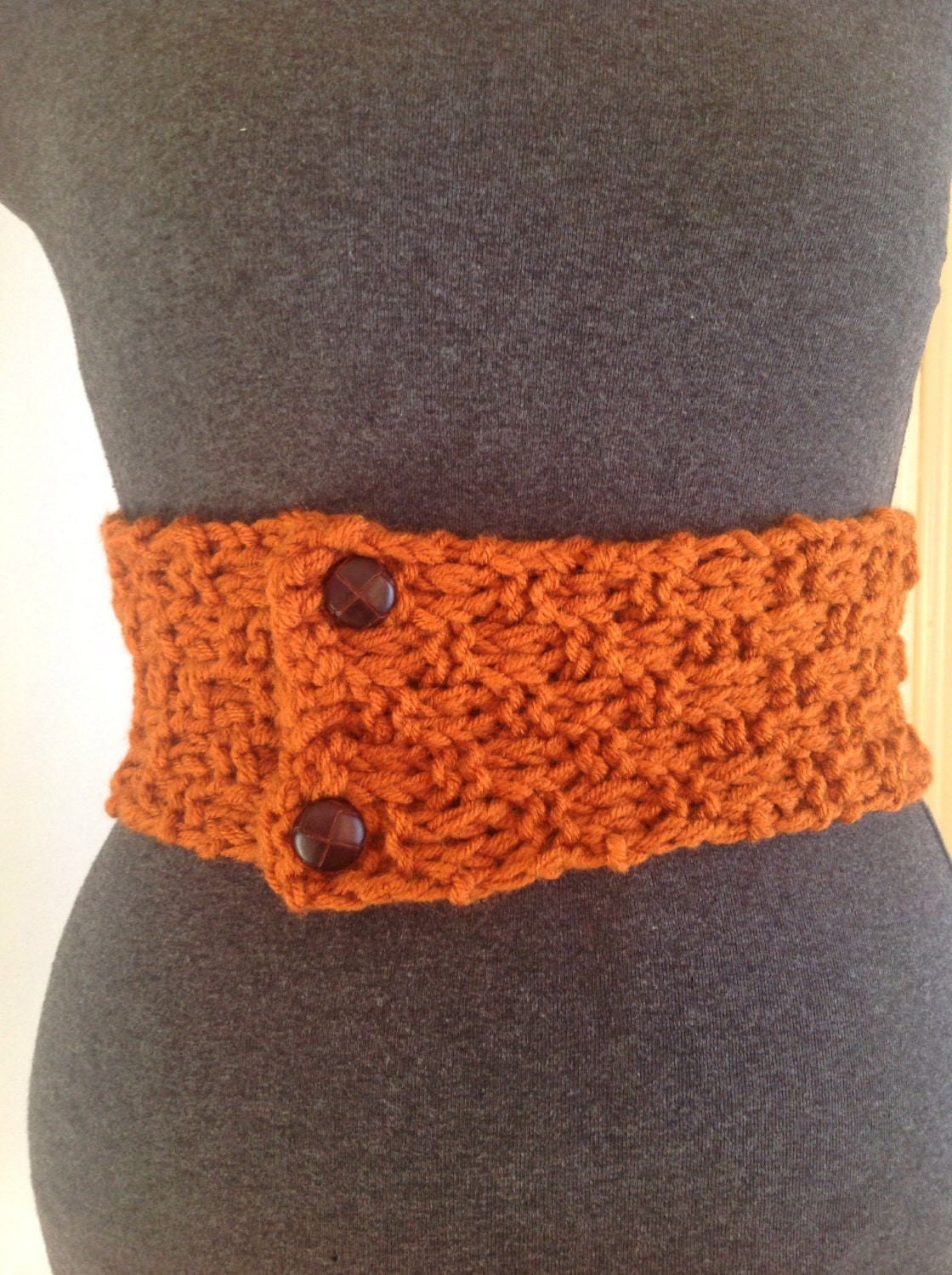 Hand Knit Rust Belt / Scarf with Buttons