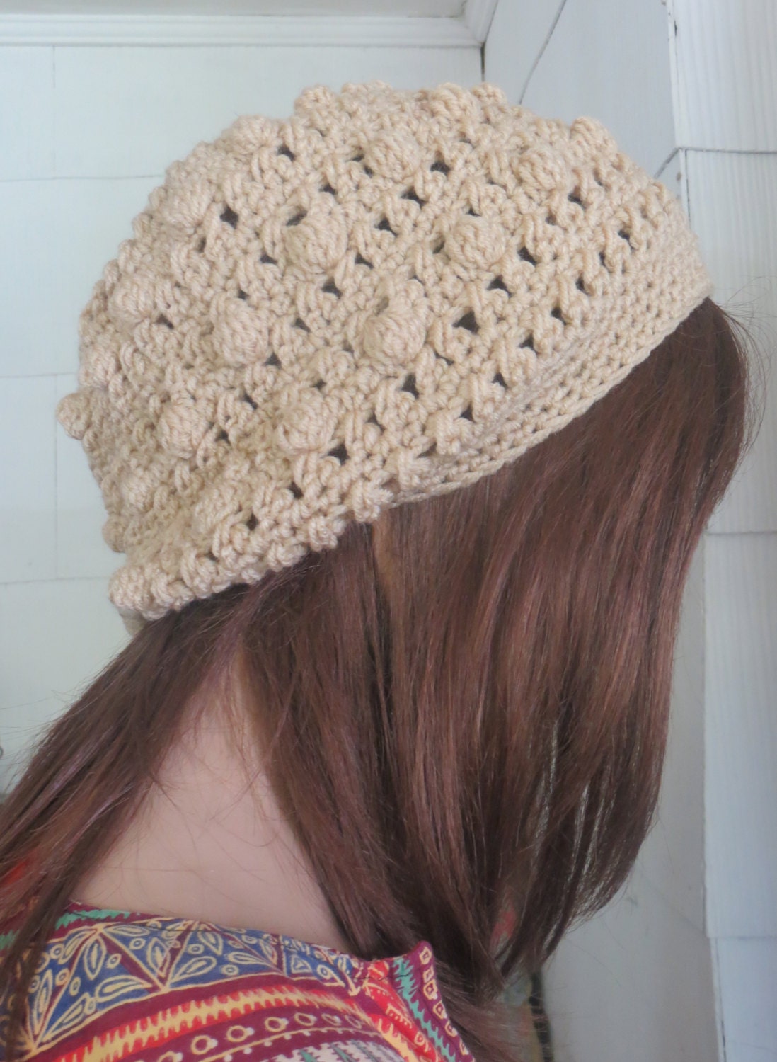 Crochet Rasta Hippie Beret - Dreadlocks - Slouchy Hat - Dread Hat - Beige - Popcorn Stitch and Cross Stitch - Lots of  Texture