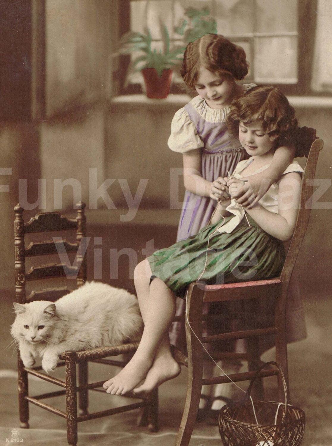 1920s Cute Girls with Cat Knitting Advertisement Photo Digital Download Paper Epemera