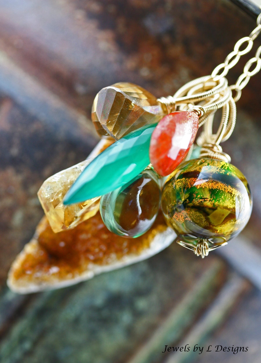 oOo SALE oOo - 60% off - Glass Lampwork Citrine Druzy Gemstone 14k Gold Filled Wire Wrapped Charm Necklace - The Tango