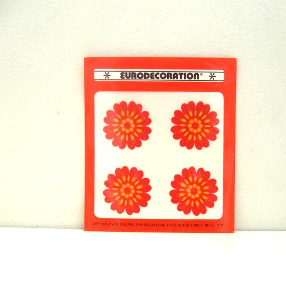 Vintage Tile Decal Stickers - 4 Mod Orange Flowers - Kitchen Bathroom Decor - NOS