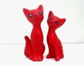 ON SALE 2 Handmade Chalkware Cat Figurines - Red Miniature Love Kitten Couple