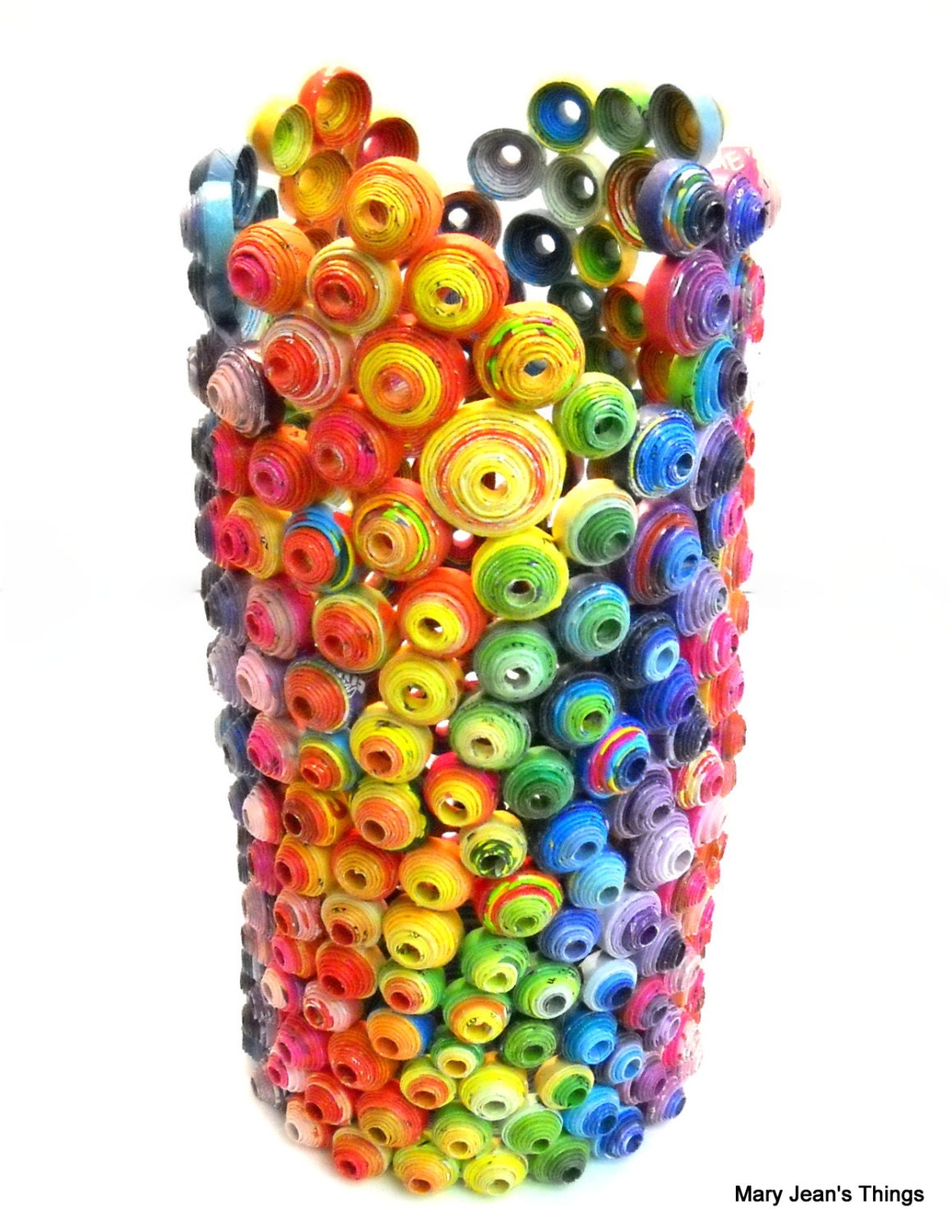 Upcycled Rainbow Vase Sculpture made from Magazines, Candy Wrappers, Catalogs & Coupon Circulars