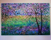 Large oil Paintings Original contemporary  modern- Cherry trees lovebirds real flowers-Vadal