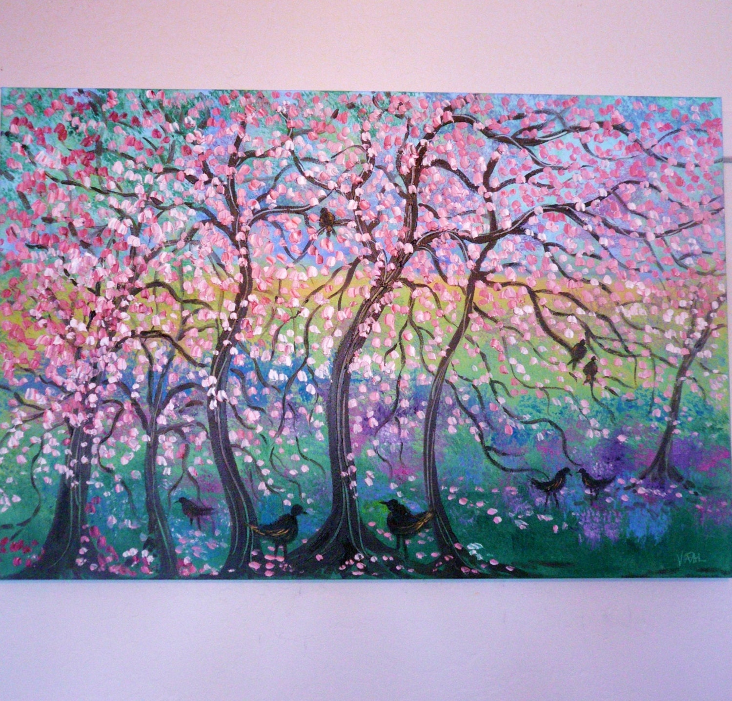 Large original knife oil painting contemporary modern Cherry trees  and black birds 36' by Vadal