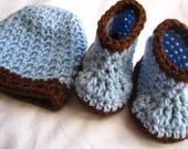 Newborn Boy Gift Set  Blue and Dark Brown Hat and Booties, READY to ship