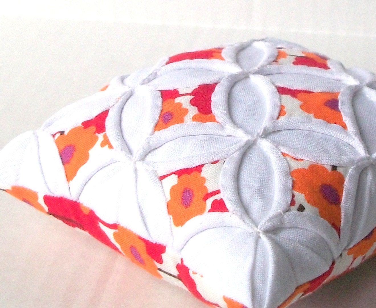 Pincushion Cathedral Window Pillow Flower Red Orange Purple - 5 Inches Square